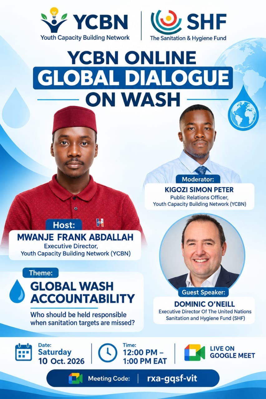 YCBN Online Global Dialogue on WASH flyer with guest speaker Dominic O'Neill from SHF